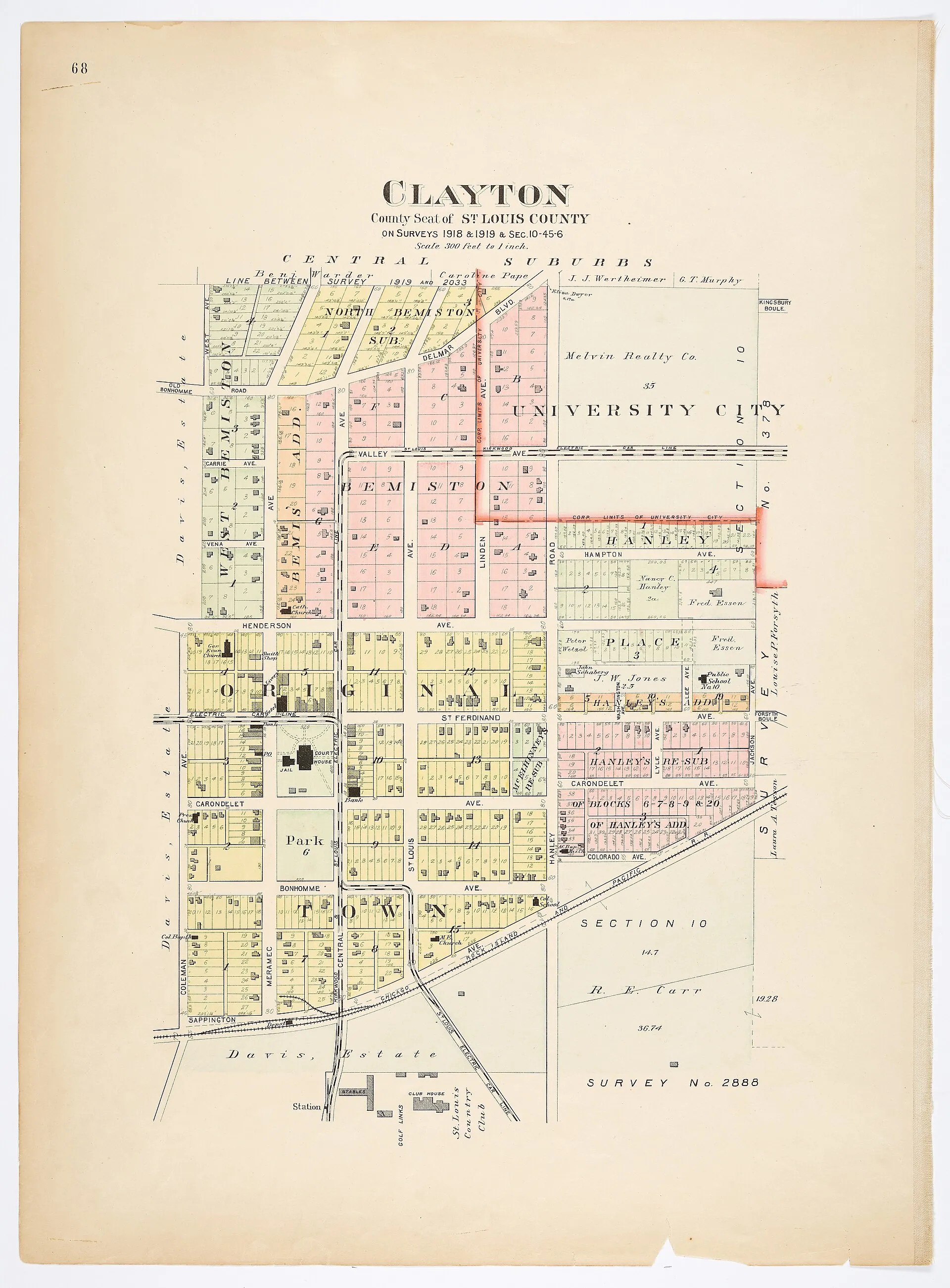 Shows the St. Louis Electric Car Line, Kirkwood St. Louis Electric Car Line, Chicago, Rock Island, and Pacific Railroad, and University City. Places and sites shown include West Bemiston, North Bemiston Sub, Bemis Add...