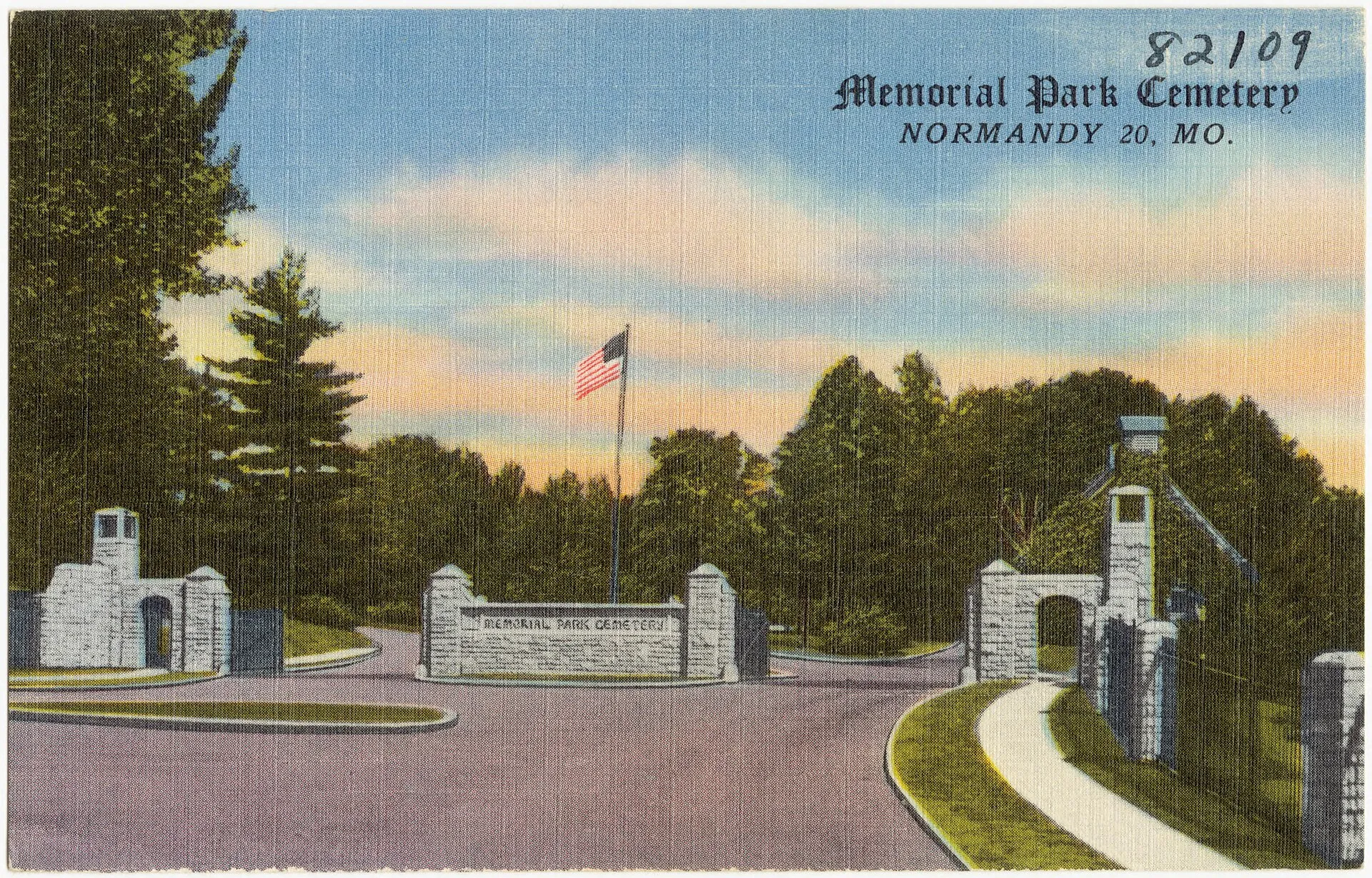 Title: Memorial Park Cemetery, Normandy 20, Mo. Places: Missouri > Saint Louis (county) > Normandy Notes: Title from item. Extent: 1 print (postcard) : linen texture, color ; 3 1/2 x 5 1/2 in. Accession #: 06_10_015155