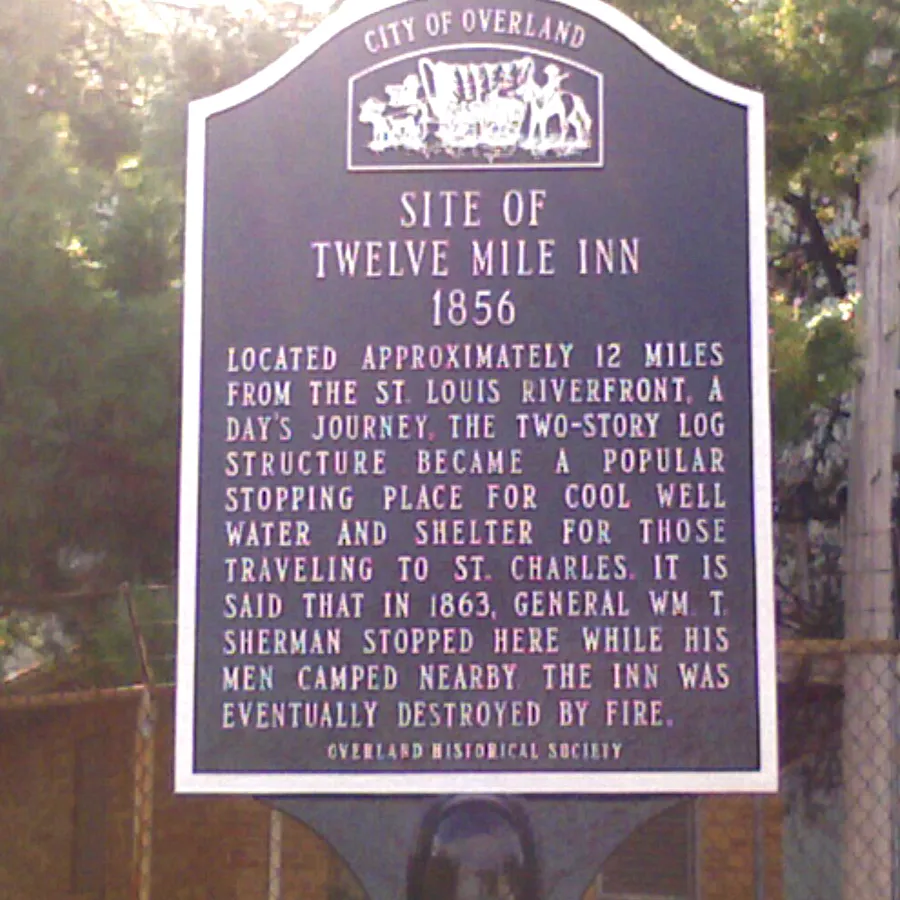 Marker commemorating the 12-Mile Inn, the first rest stop on the Overland Trail, Overland, MO