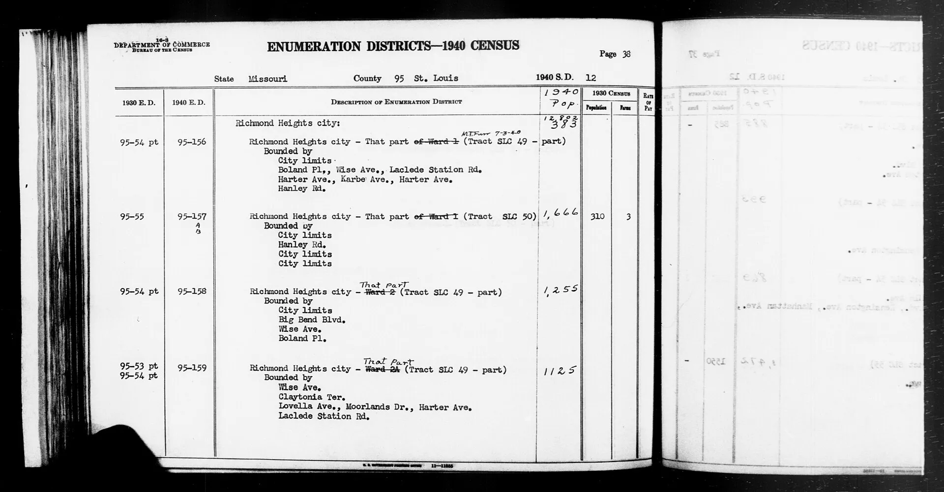 Scope and content: This item lists Enumeration Districts for: MO ED 95-156: JEFFERSON TOWNSHIP, RICHMOND HEIGHTS CITY (TRACT SLC49 - PART) BOUNDED BY (N) CITY LIMITS; (E) BOLAND PL, WISE AV, LACLEDE STATION RD; (S) HA...