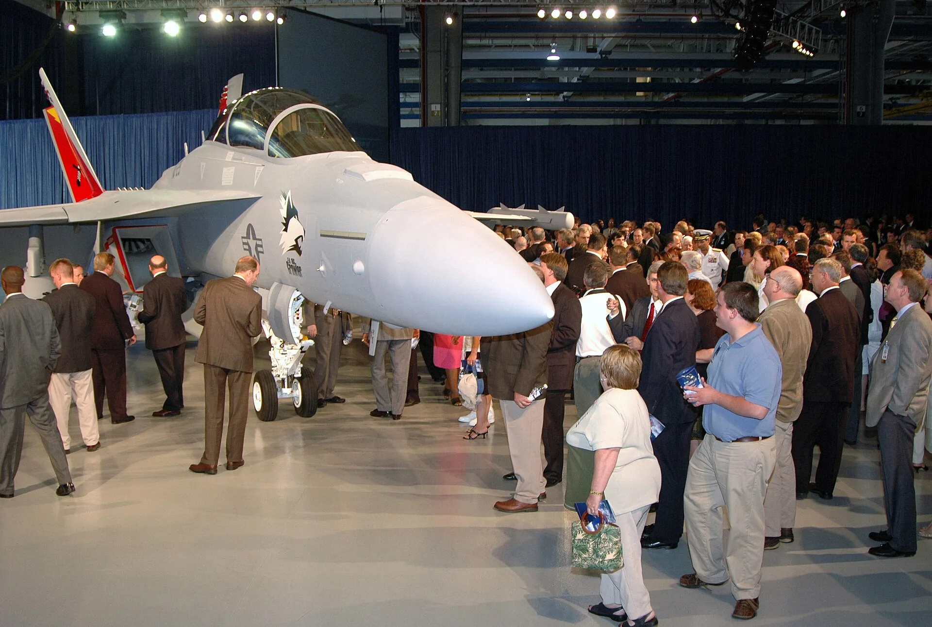 330-CFD-DF-SD-07-09318: (Aug. 3, 2006)A crowd get a closer look of the EA-18G Growler aircraft during its roll out ceremony held at the Boeing Company in St. Louis, Missouri (MO). The aircraft is being developed to re...