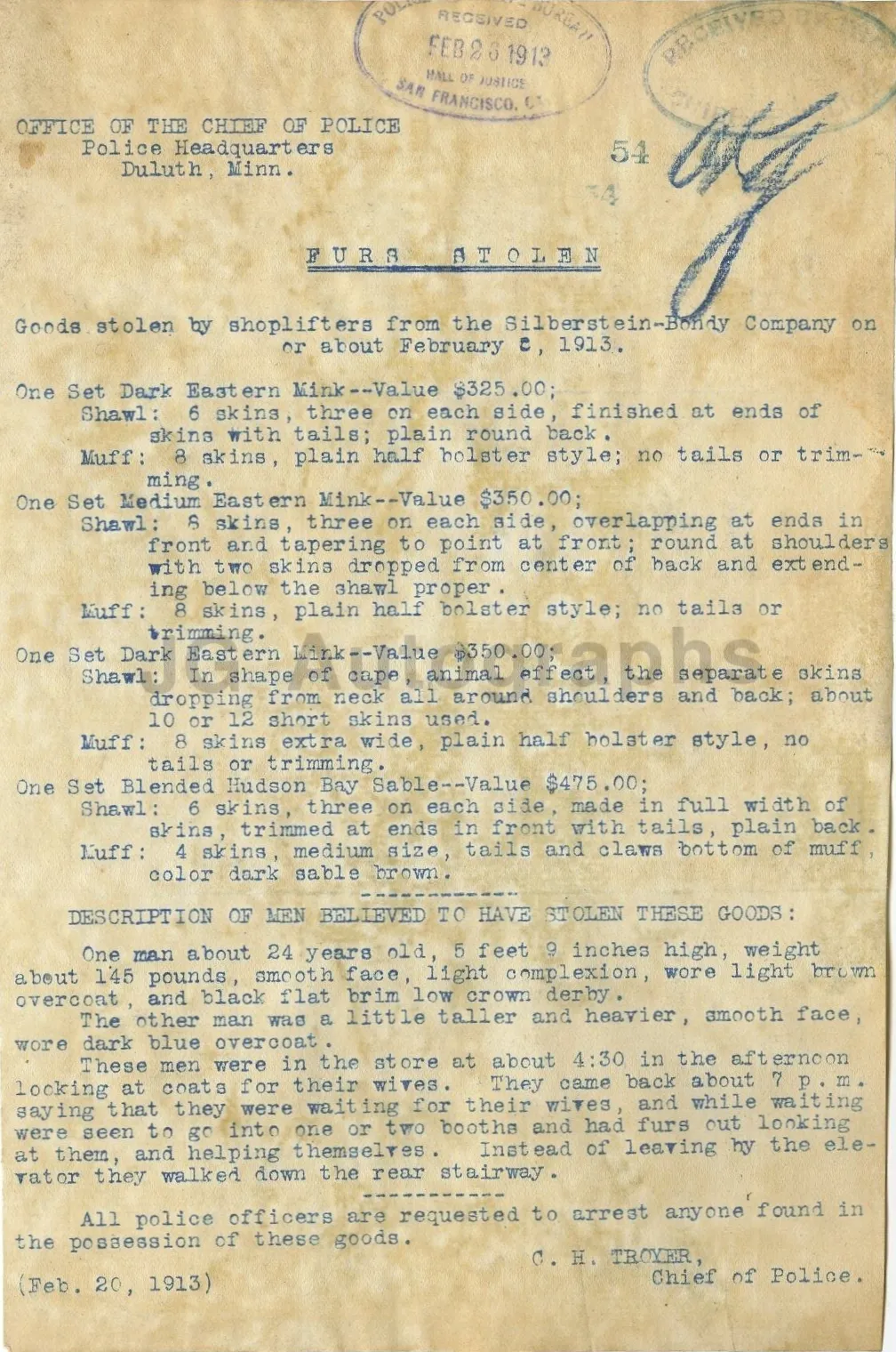 Furs stolen in Duluth, Minnesota, 1913. Measuring approximately 6.5 x 10 inches.