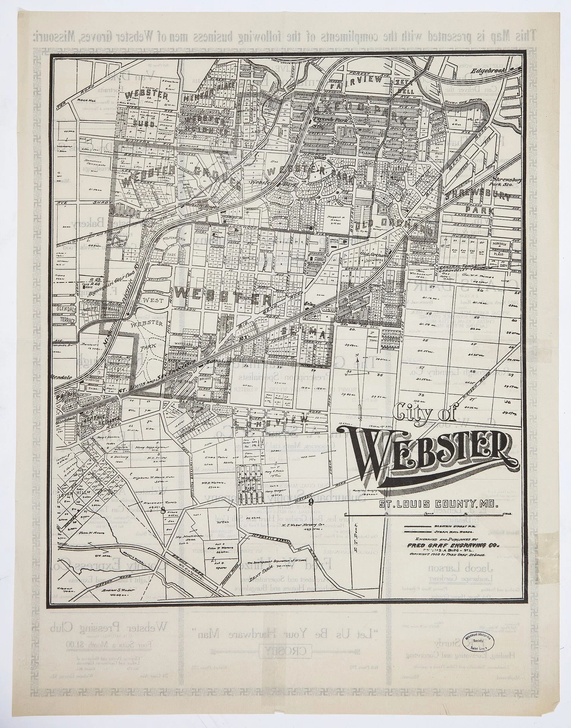 The map shows Webster Groves and surrounding areas as well as its many subdivisions. Land features include the River des Peres and Gravois River. Map shows the Missouri Pacific Railroad and the St. Louis and San Franc...