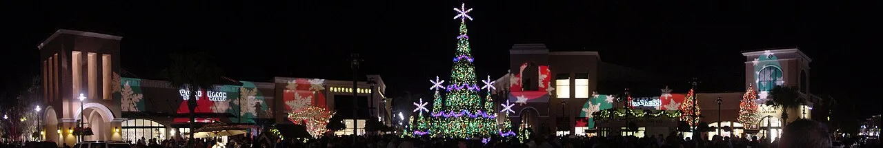 Panorama of the "Symphony in Lights" holiday display in the main courtyard at the Shops at Wiregrass in Wesley Chapel, Florida.