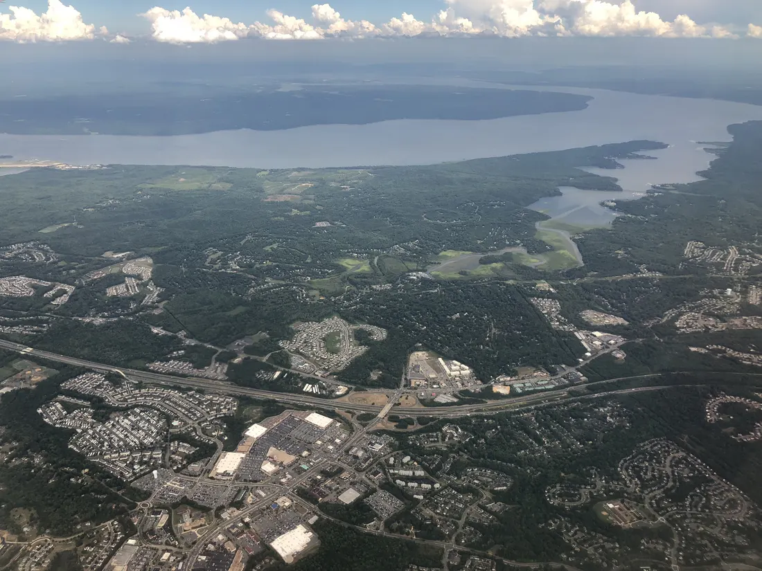 View east across Garrisonville and Aquia Harbour towards the Aquia Creek and the Potomac River in eastern Stafford County, Virginia from an airplane heading for Washington Dulles International Airport