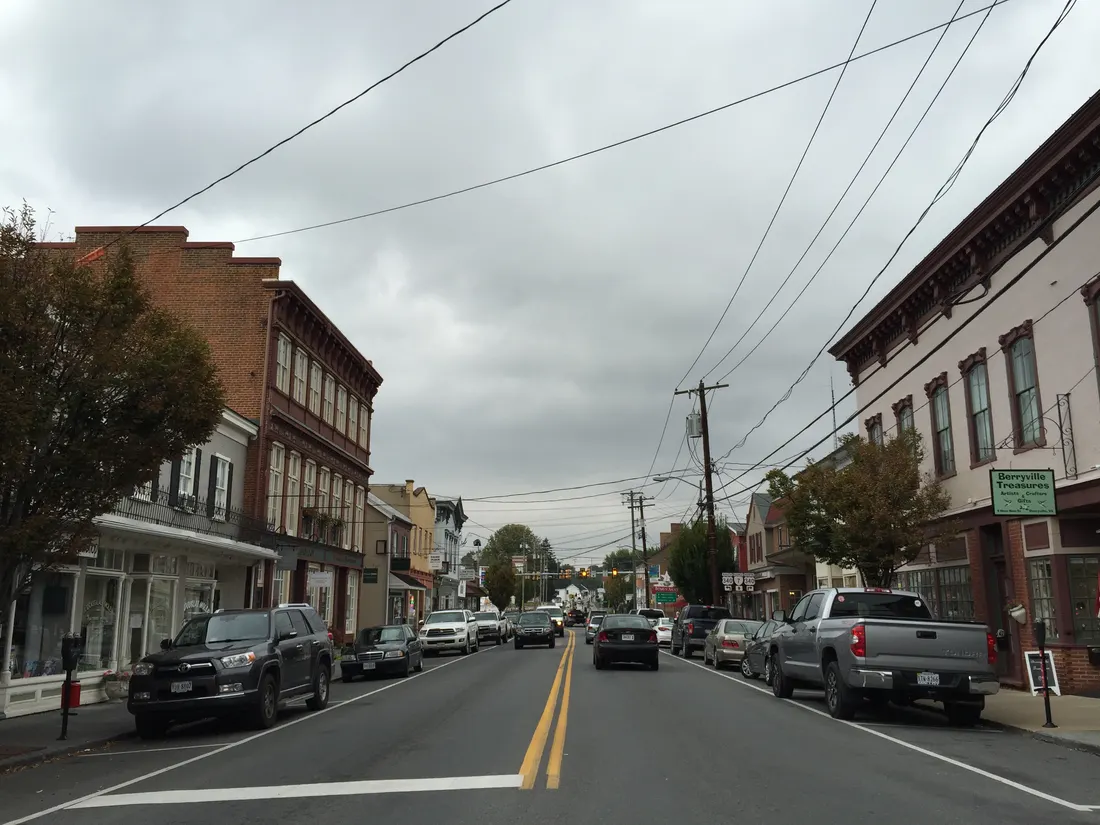 View west along Virginia State Route 7 Business (Main Street) at Church Street in Berryville, Clarke County, Virginia
