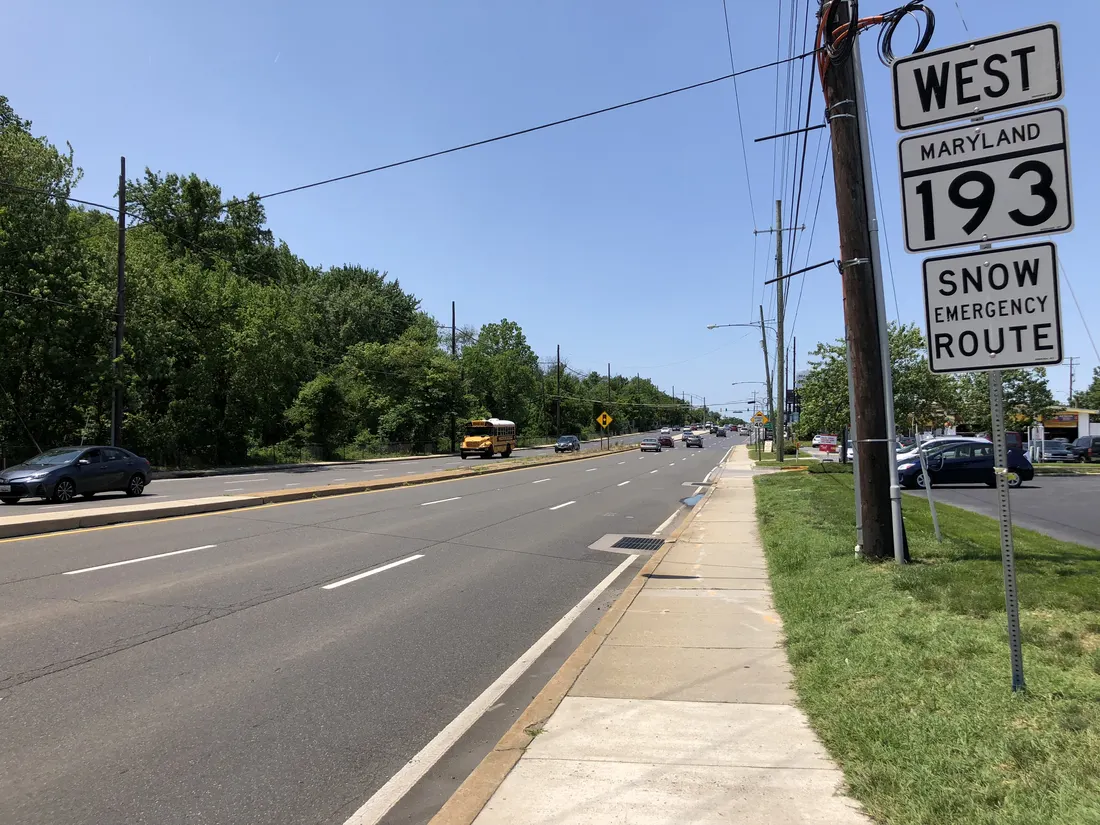View west along Maryland State Route 193 (Greenbelt Road) at 57th Avenue in Berwyn Heights, Prince George's County, Maryland