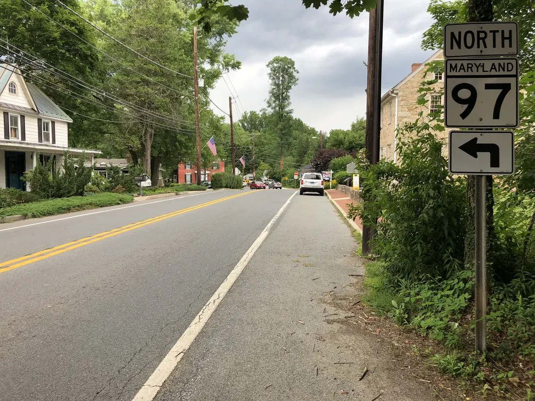 View north along Maryland State Route 97 (High Street) just south of Market Street in Brookville, Montgomery County, Maryland
