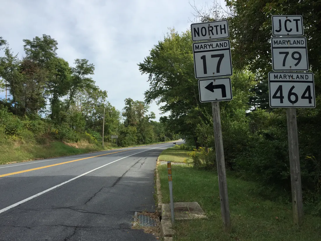View north along Maryland State Route 17 (Petersville Road) at Wenner Branch in Brunswick, Frederick County, Maryland