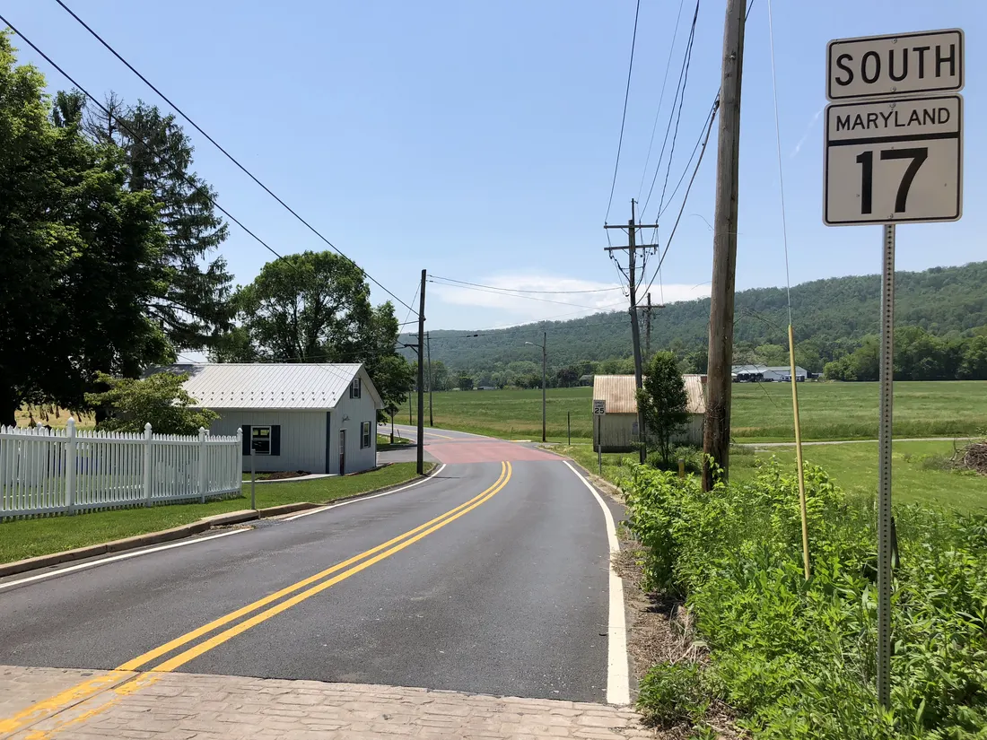 View south along Maryland State Route 17 (Potomac Street) between Main Street and Lake Side Drive in Burkittsville, Frederick County, Maryland