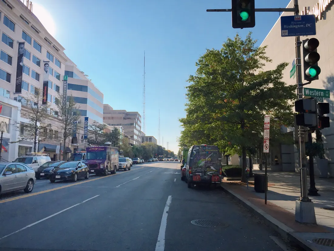 View south along Wisconsin Avenue NW at Western Avenue NW, entering Washington, D.C. from Bethesda, Montgomery County, Maryland