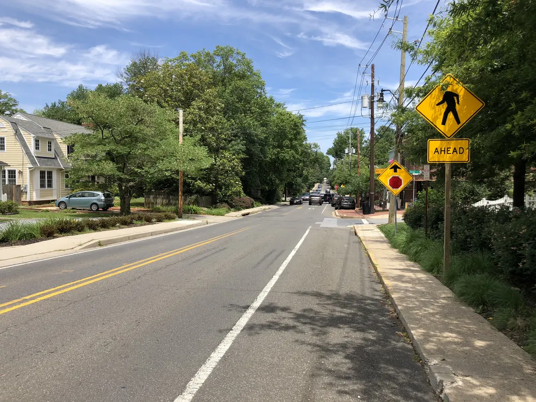 View north along Maryland State Route 186 (Brookville Road) between Shepherd Street and Turner Lane in Chevy Chase Section Three, Montgomery County, Maryland