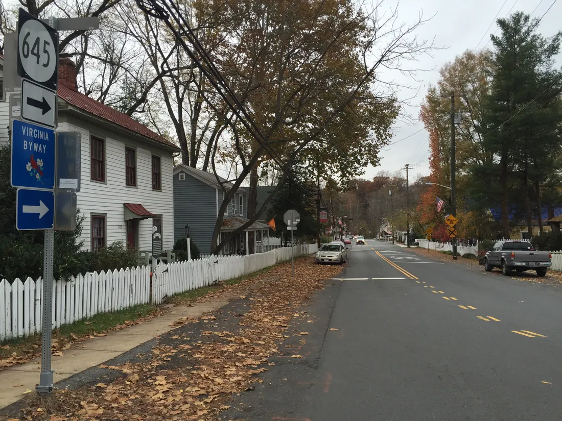 View northwest along Main Street (Virginia State Secondary Route 645) at School Street in Clifton, Fairfax County, Virginia