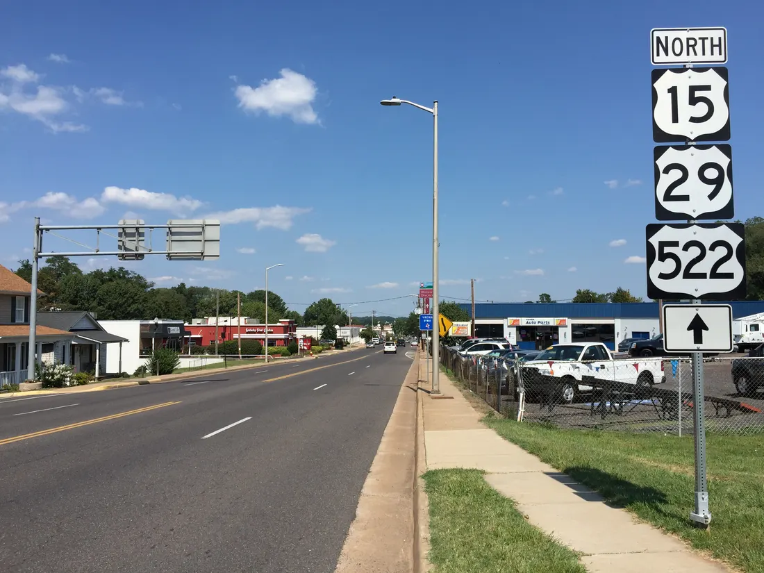 View north along U.S. Route 15 Business, U.S. Route 29 Business and U.S. Route 522 (Main Street) at Page Street in Culpeper, Culpeper County, Virginia