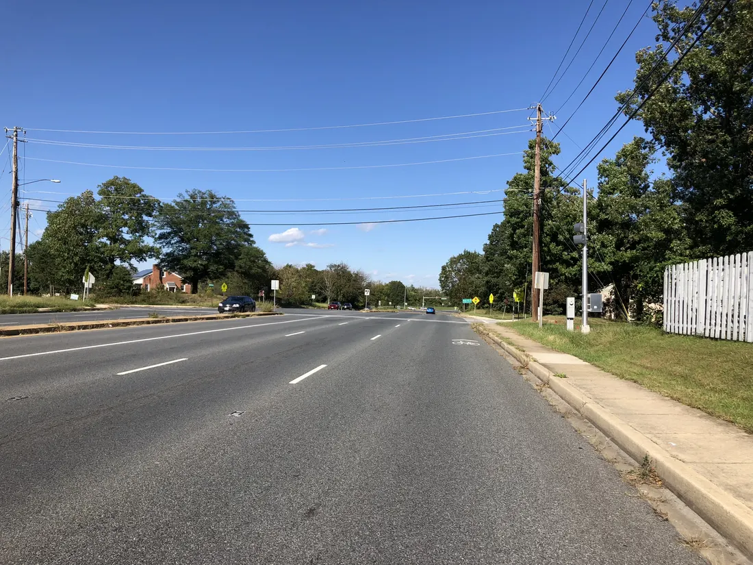 View north along Maryland State Route 458 (Silver Hill Road) just south of Atwood Street and Scott Key Drive in District Heights, Prince George's County, Maryland