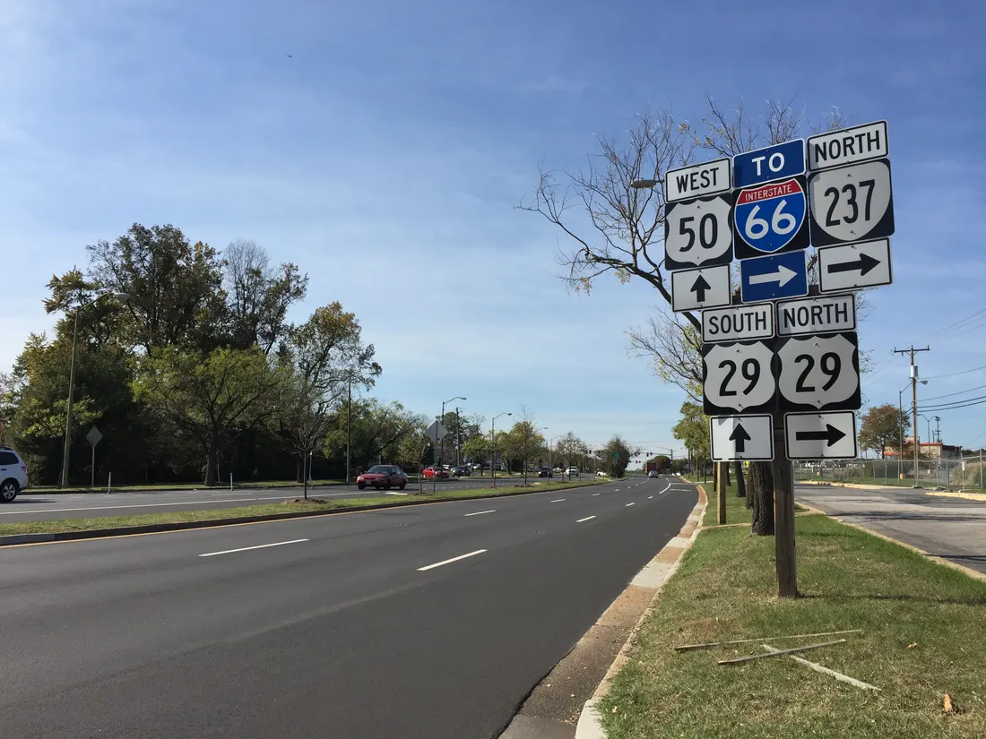 View west along U.S. Route 50 and north along Virginia State Route 237 (Fairfax Boulevard) between Pickett Road and U.S. Route 29 (Lee Highway) in Fairfax, Virginia