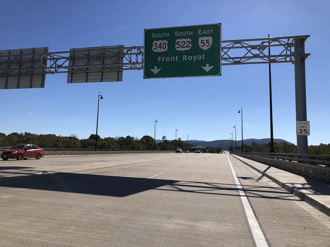 View south along U.S. Routes 340 and 522 and east along Virginia State Route 55 (Shenandoah Avenue) crossing the South Fork Shenandoah River in Front Royal, Warren County, Virginia