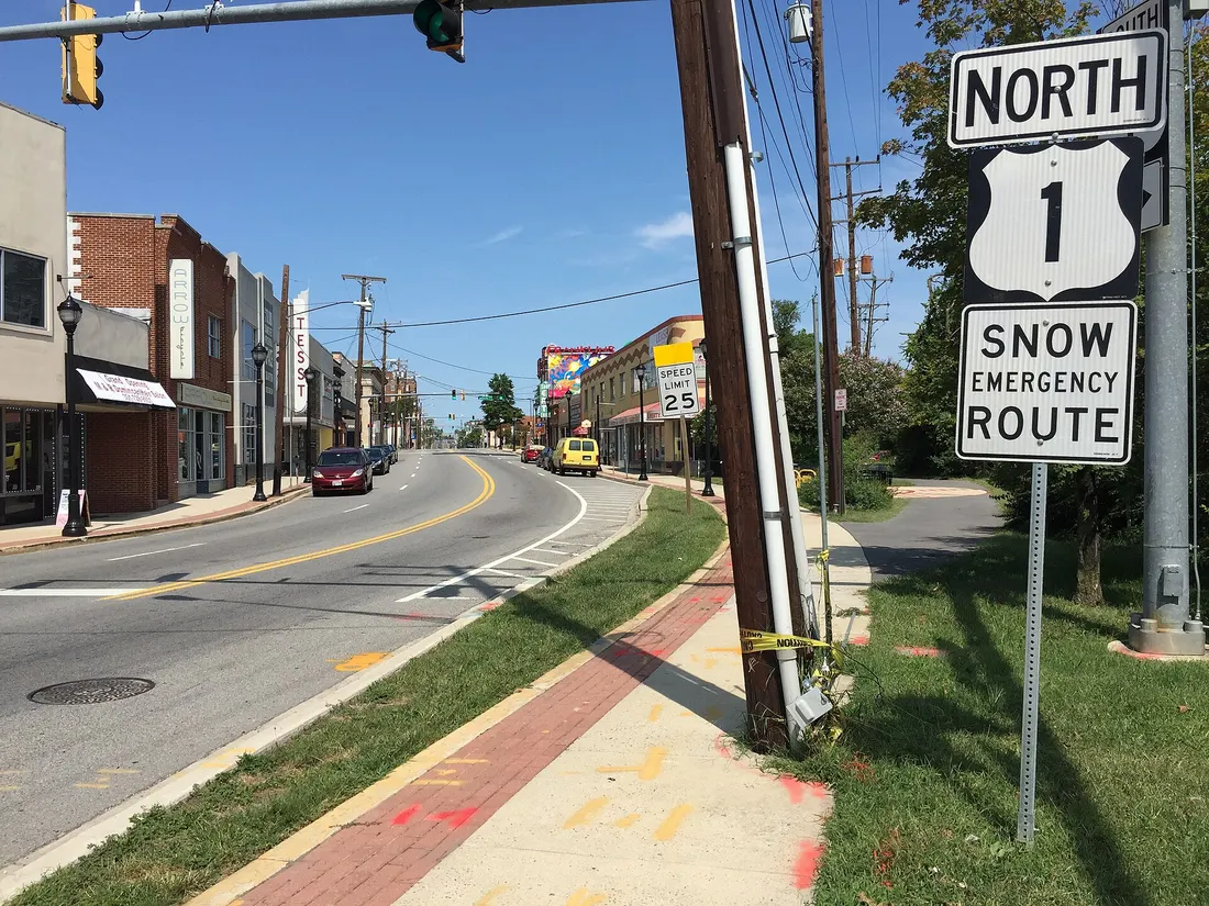 View north along U.S. Route 1 (Baltimore Avenue) at Farragut Street in Hyattsville, Prince Georges County, Maryland