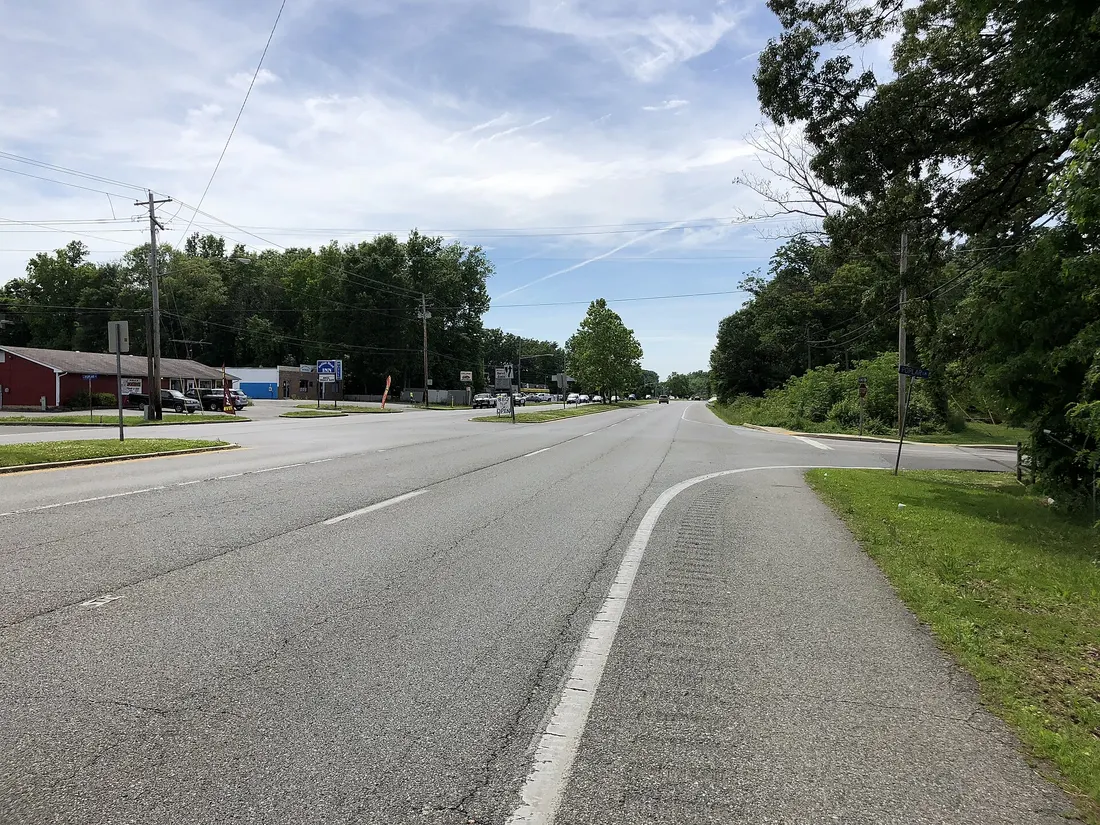 View south along Maryland State Route 210 (Indian Head Highway) at Poplar Lane in Indian Head, Charles County, Maryland