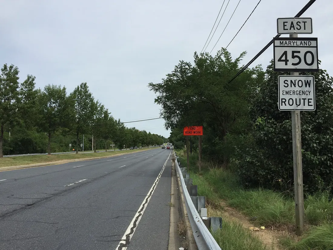 View east along Maryland State Route 450 (Annapolis Road) at Maryland State Route 704 (Martin Luther King, Junior Highway) in Mitchellville, Prince Georges County, Maryland