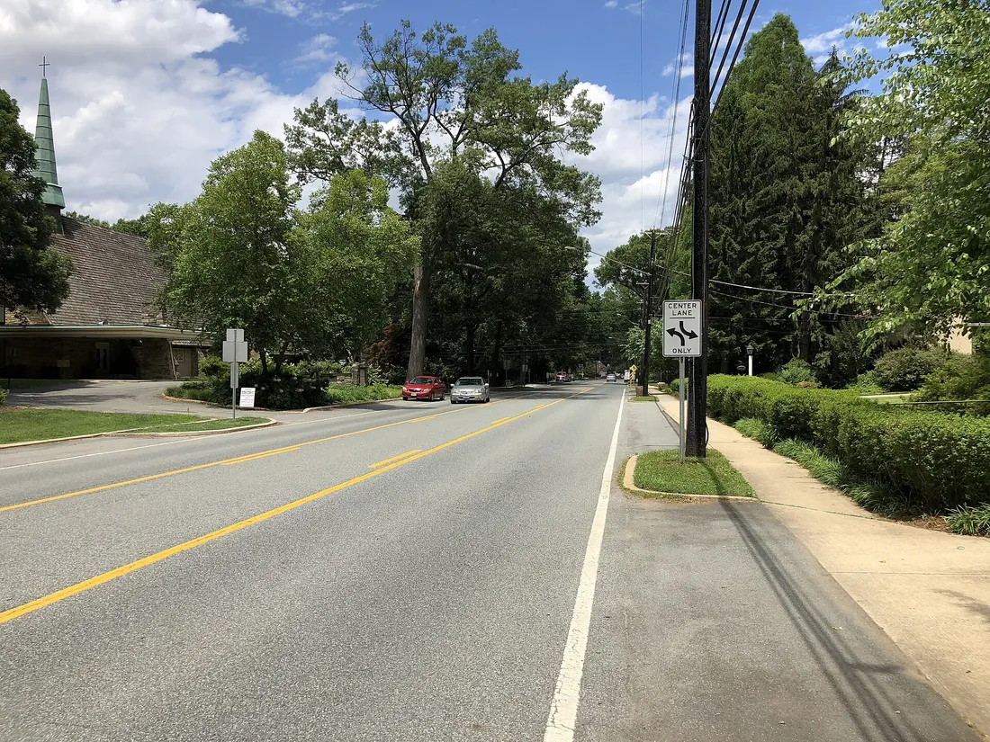 View north along Kensington Parkway at Montrose Drive in North Chevy Chase, Montgomery County, Maryland