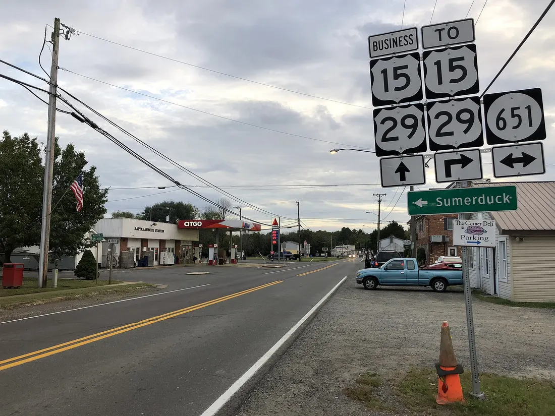 View south along U.S. Route 15 Business and U.S. Route 29 Business (James Madison Street) just north of Main Street (Virginia State Route 651) in Remington, Fauquier County, Virginia