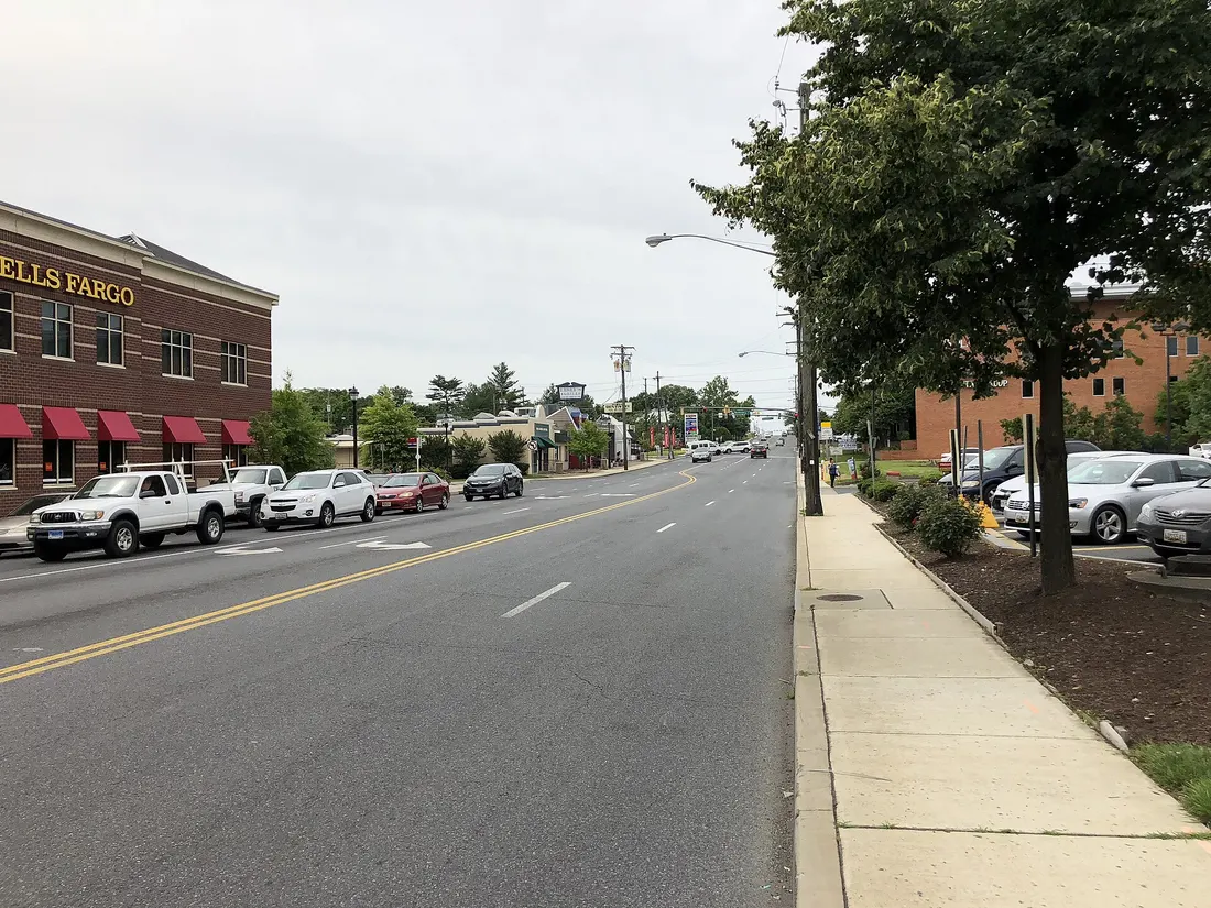View south along U.S. Route 1 (Baltimore Avenue) just south of Maryland State Route 410 (East-West Highway) in Riverdale Park, Prince George's County, Maryland