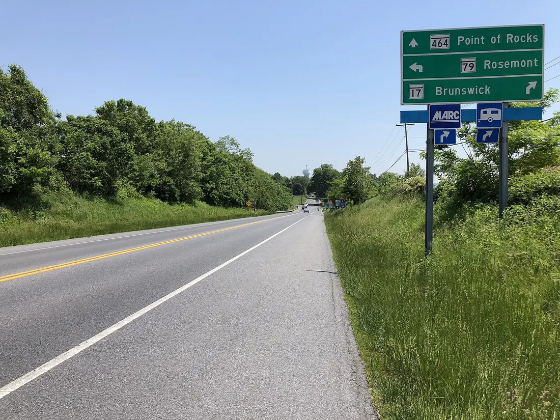 View south along Maryland State Route 17 (Burkittsville Road) just north of Maryland State Route 79 (Petersville Road) and Maryland State Route 464 (Souder Road) in Rosemont, Frederick County, Maryland