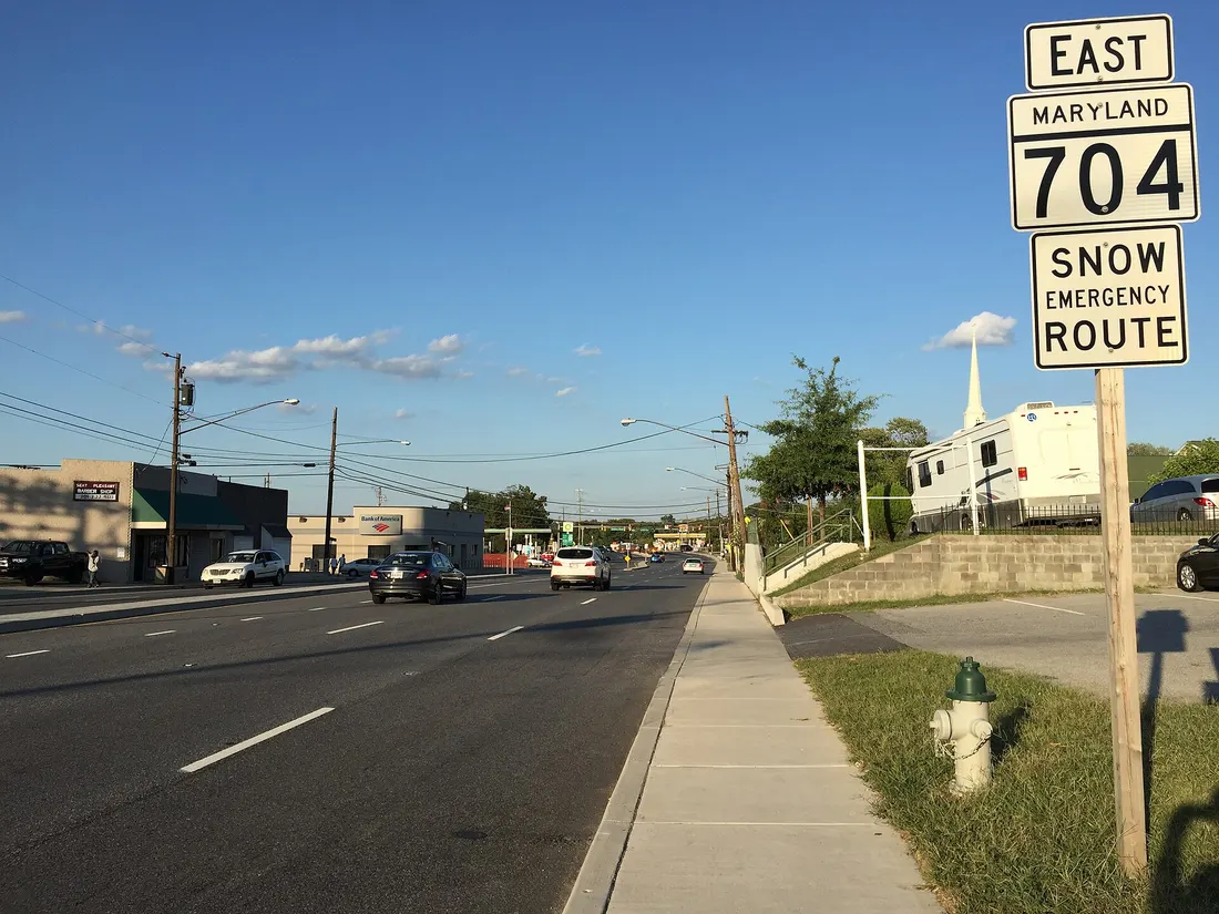 View east along Maryland State Route 704 (Martin Luther King Junior Highway) between James Farmer Way and Foote Street in Seat Pleasant, Prince Georges County, Maryland