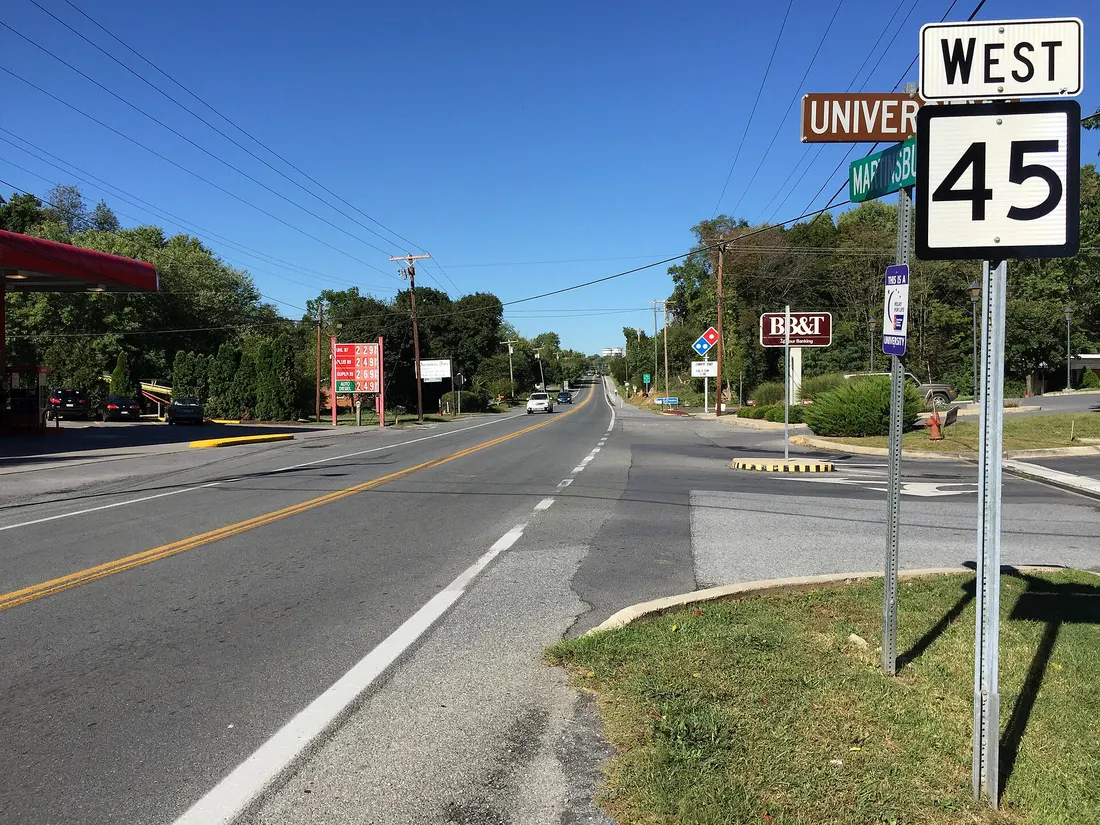 View west along West Virginia State Route 45 (Martinsburg Pike) at University Drive in Shepherdstown, Jefferson County, West Virginia