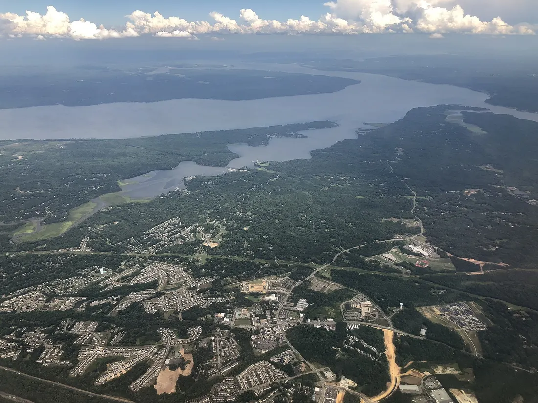 View east across Stafford Courthouse towards the Aquia Creek and the Potomac River in eastern Stafford County, Virginia from an airplane heading for Washington Dulles International Airport