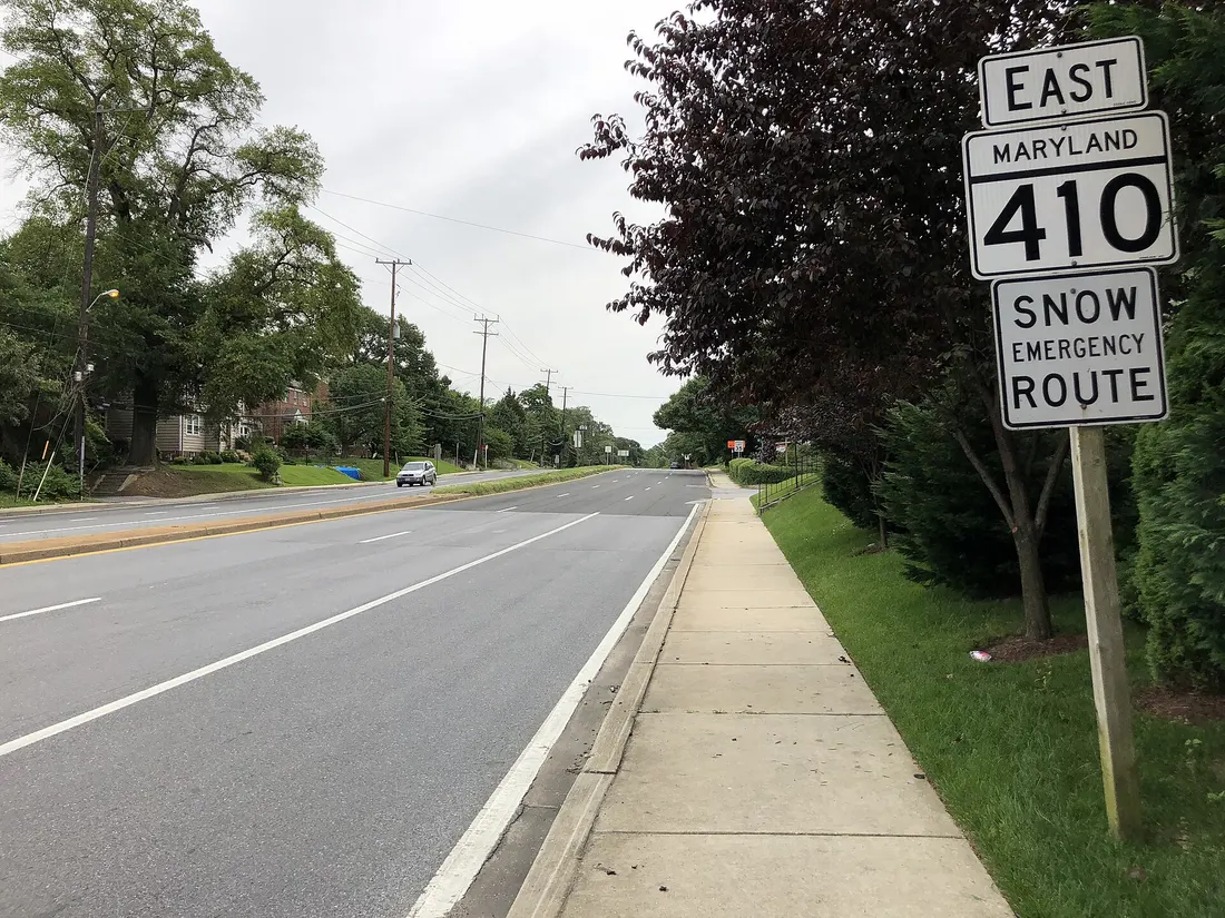 View east along Maryland State Route 410 (East-West Highway) at Maryland State Route 500 (Queens Chapel Road) on the border of University Park and Hyattsville in Prince George's County, Maryland