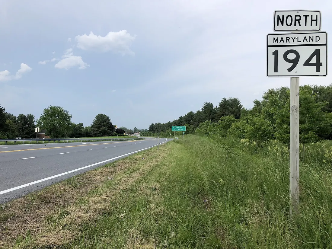 View north along Maryland State Route 194 (Woodsboro Pike) just north of Crum Road in Walkersville, Frederick County, Maryland