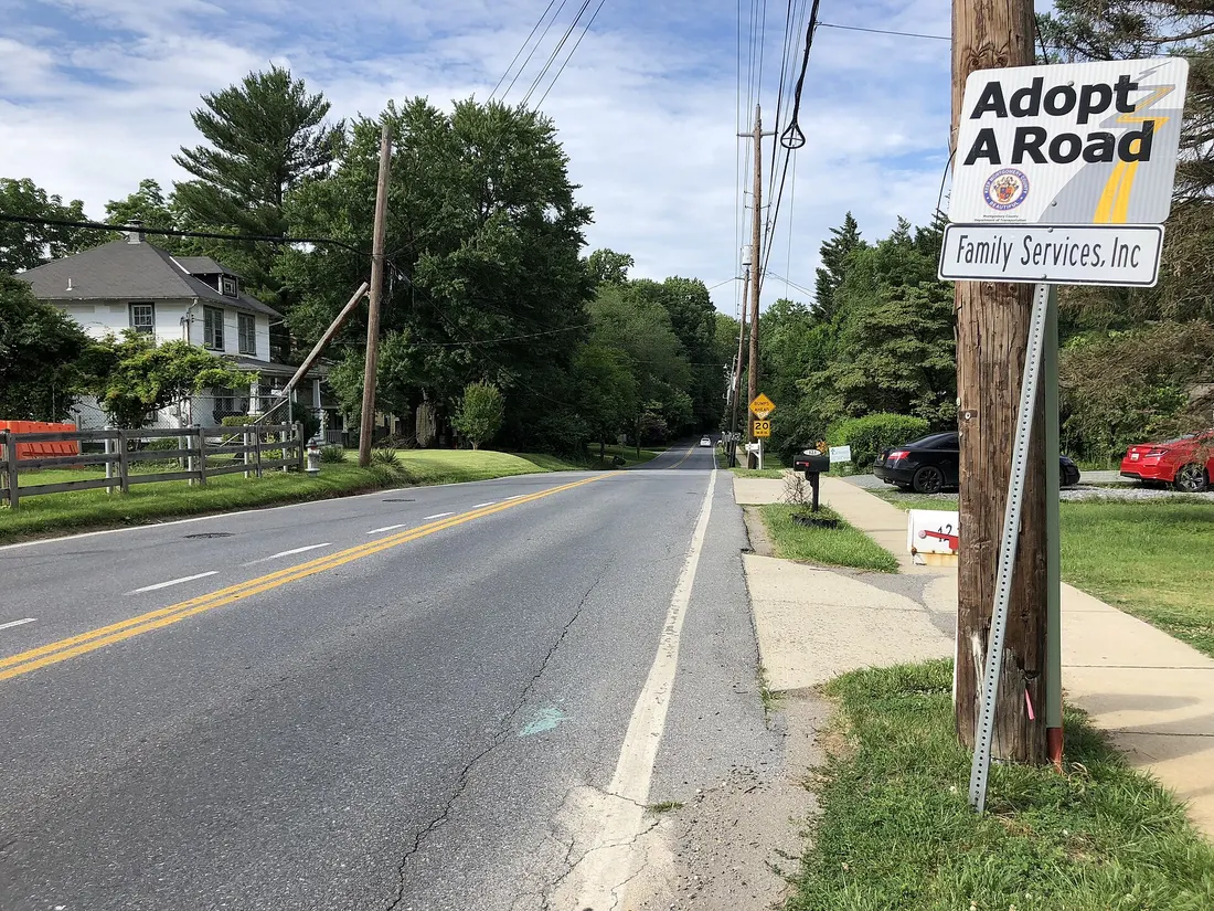 View northeast along Washington Grove Lane between Railroad Street and Oak Street in Washington Grove, Montgomery County, Maryland