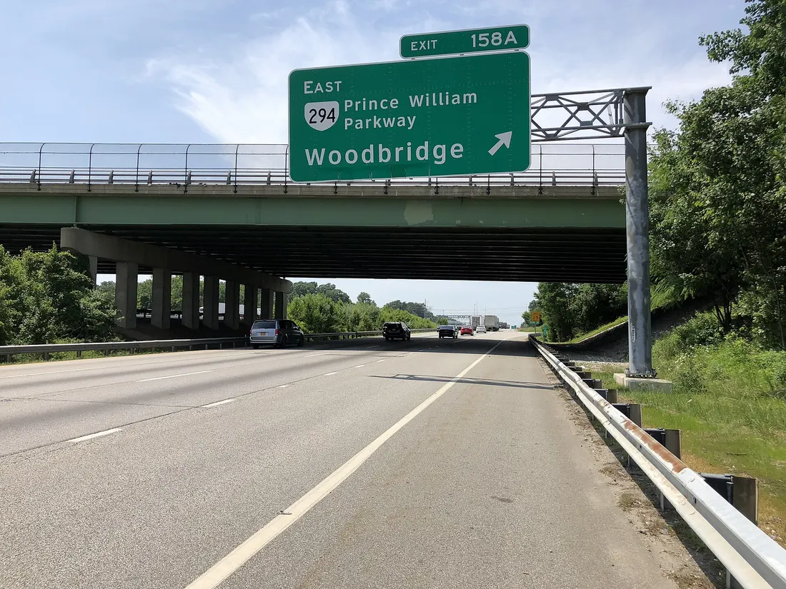 View south along Interstate 95 at Exit 158A (EAST Virginia State Route 294/Prince William Parkway, Woodbridge) on the edge of Potomac Mills and Marumsco in Prince William County, Virginia