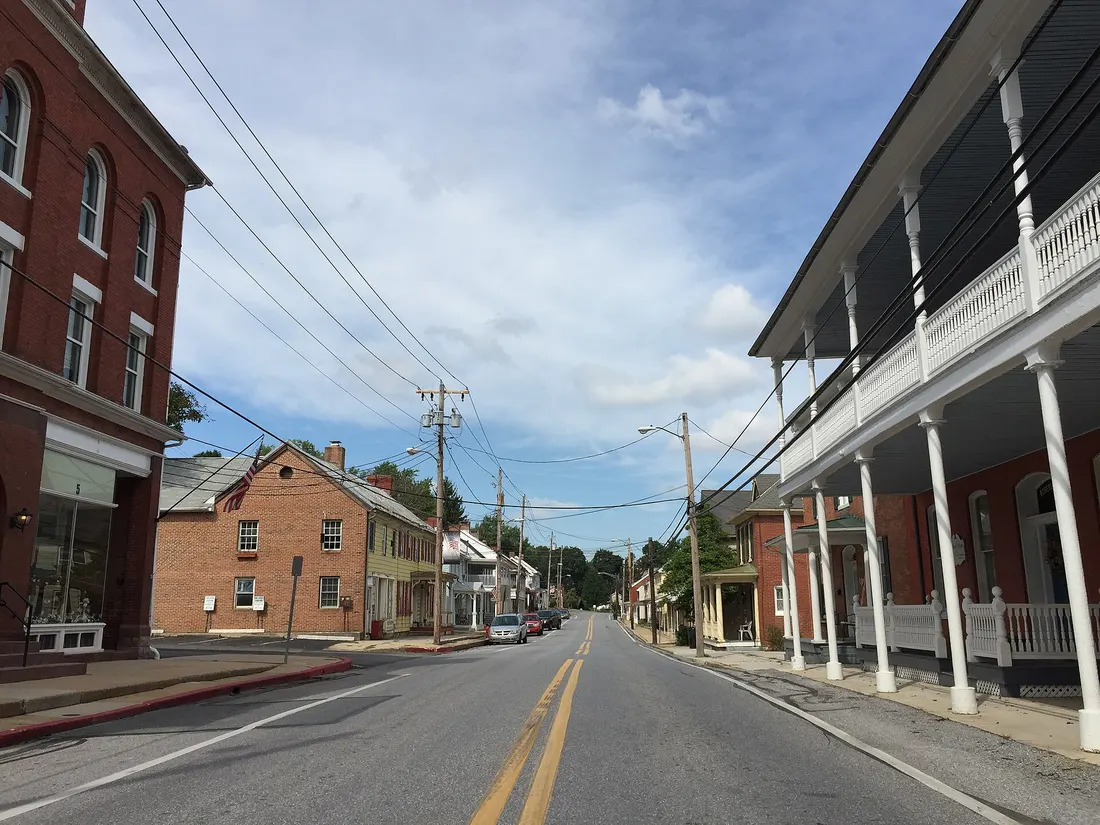 View north along Main Street between Elizabeth Street and Dorcus Alley in Woodsboro, Frederick County, Maryland
