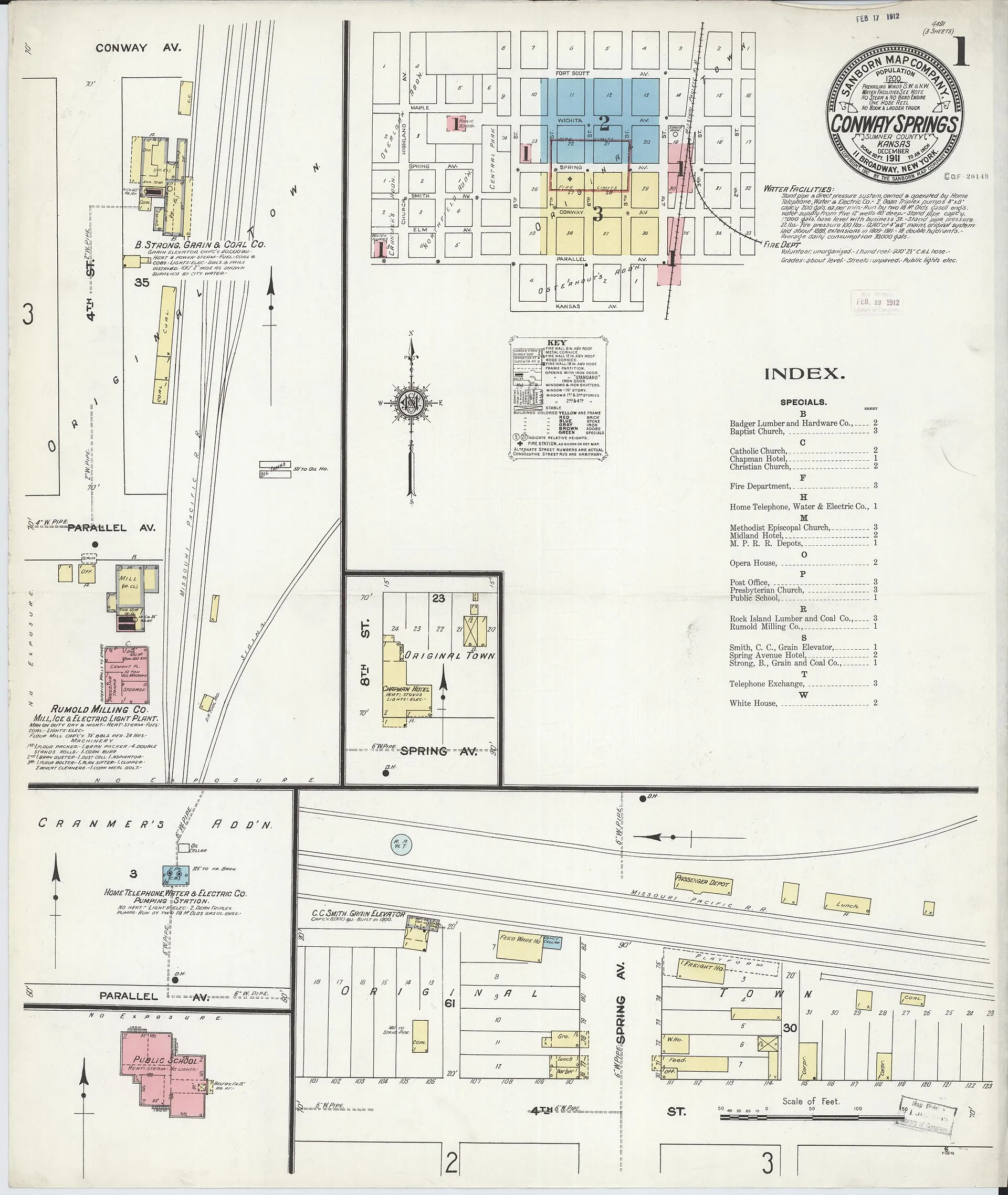 Sanborn Fire Insurance Map from Conway Springs, Summer County, Kansas, 1911, Plate 0001