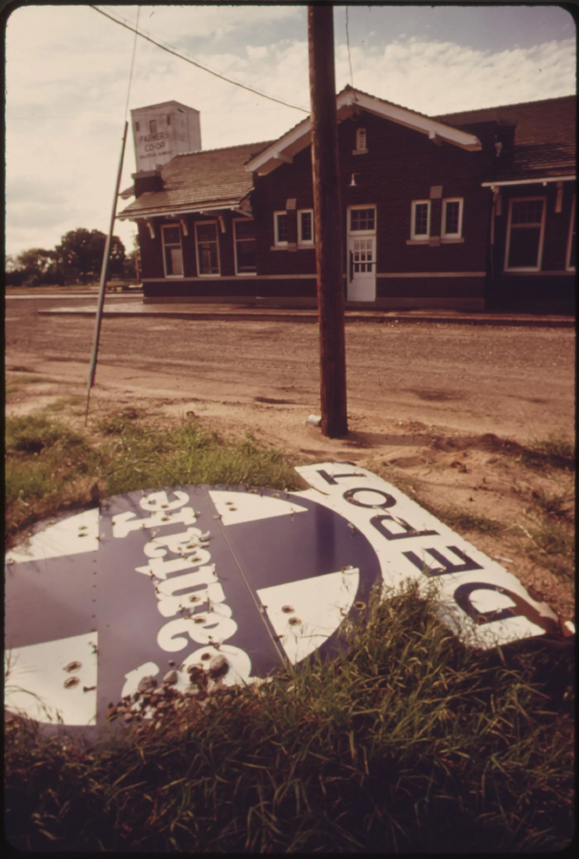 ABANDONED SANTA FE DEPOT SIGN WHICH ONCE BECKONED TRAVELERS AT HALSTEAD, KANSAS, NOW RUSTS IN WEEDS BEHIND THE... - NARA - 556013.jpg