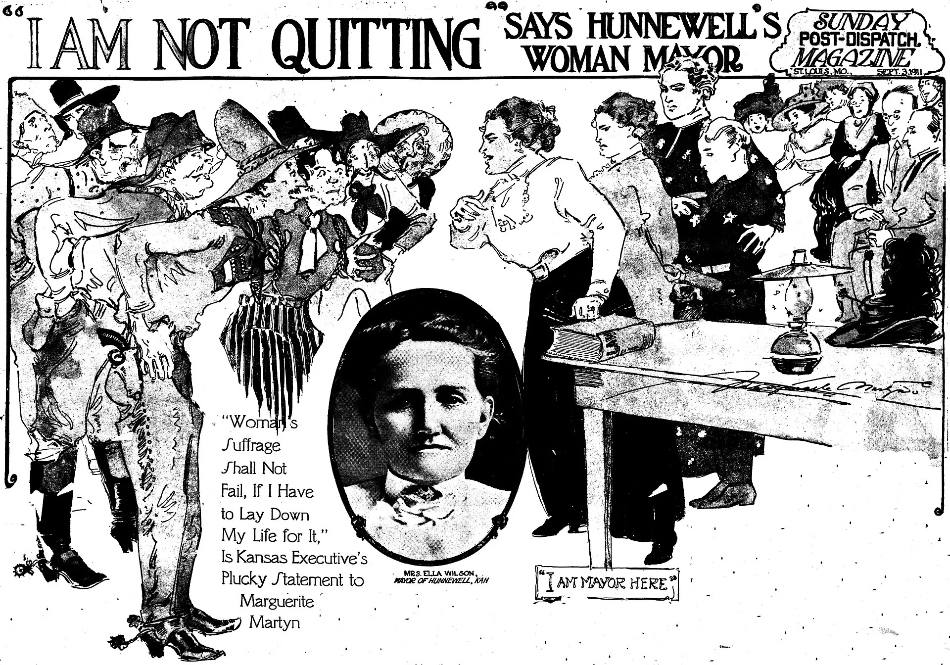 Imaginative drawing by reporter  Marguerite Martyn , with a photo, of Mayor  Ella Wilson  of  Hunnewell , her opponents and her supporters, printed in the  St. Louis Post-Dispatch,  September 3, 1911. Male City Council members were attempting to remove her.