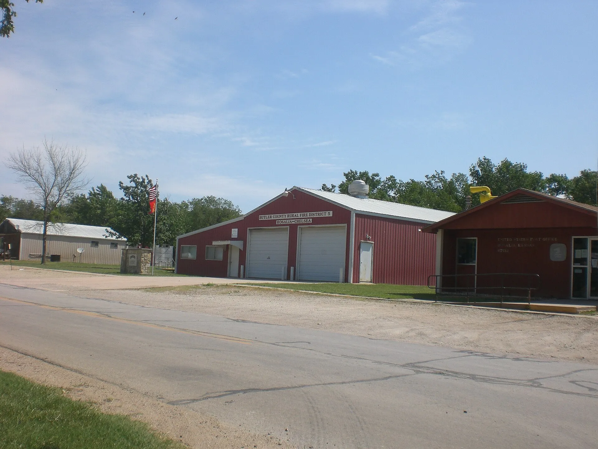 Rosalia KS main street, with post office, firehouse, and community building